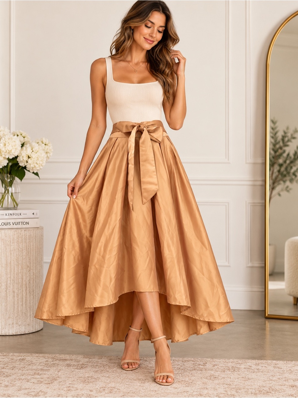 Gracia Gold Satin High Low Skirt Size S Bow Waist Petticoat Tulle Formal